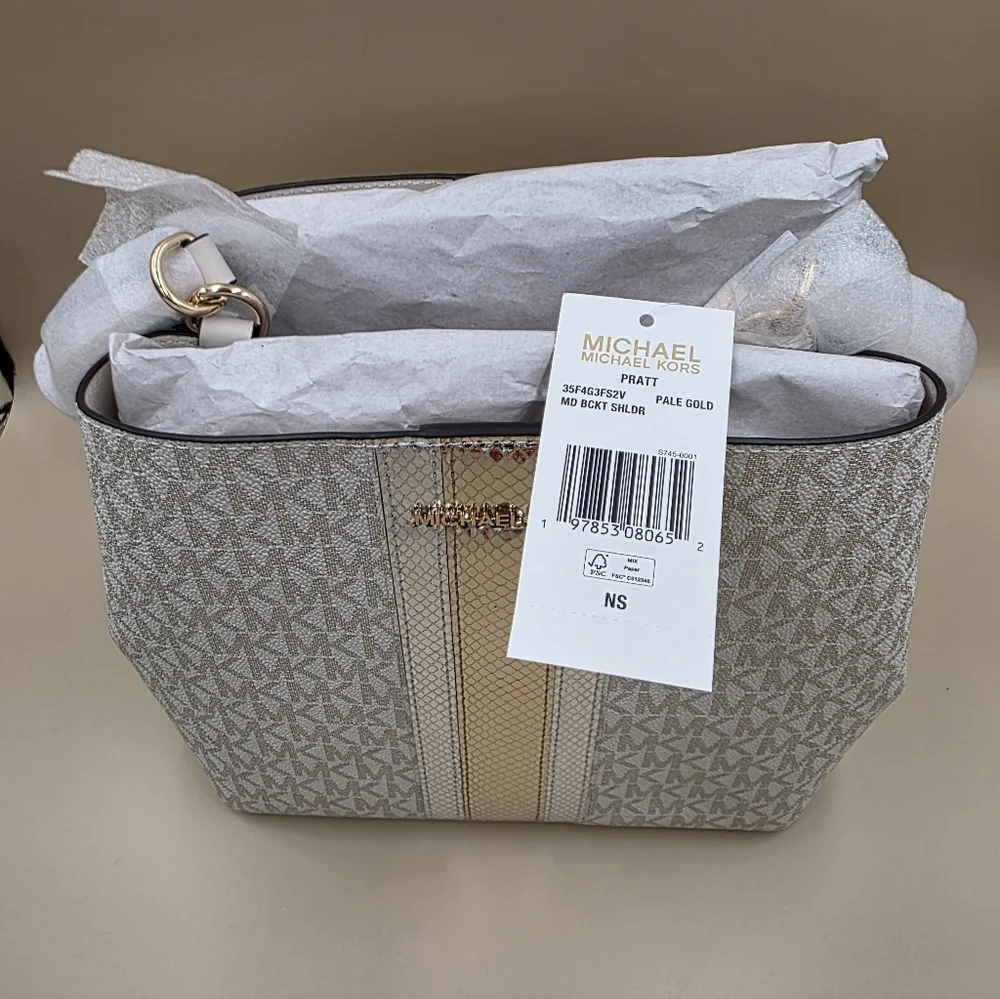 Michael Kors Cream MK Monogram Medium Pratt with Gold & Silver Center Stripe - Picture 2 of 4